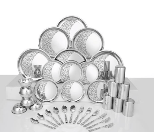 Shri & Sam Designer Stainless Steel Delight Laser Bloom Dinner Set, 36 Pieces